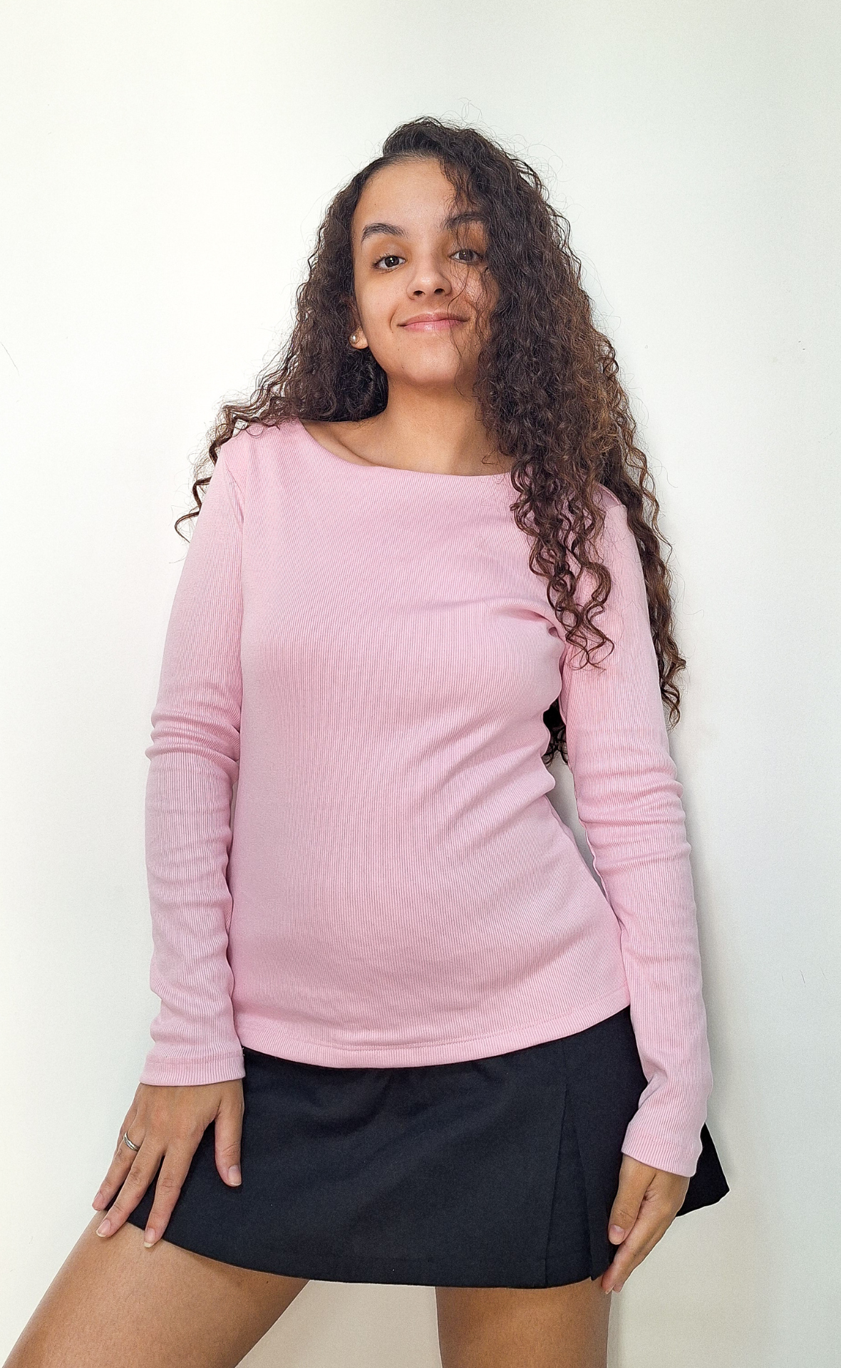Blusa manga longa decote nas costas rosa bebe