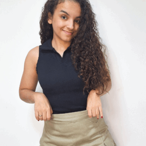 Body Sem Manga de Malha Canelada com Gola Preto